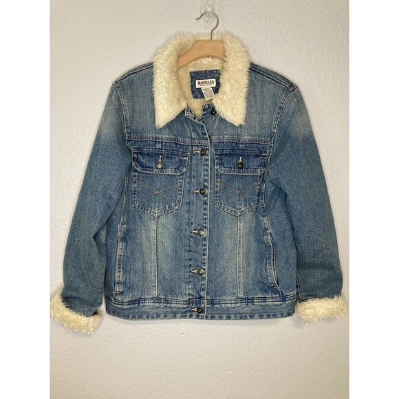 Magellan Jacket Women’s XL Faux Fur Sherpa Lined Denim Blue Jean Trucker - Picture 1 of 10